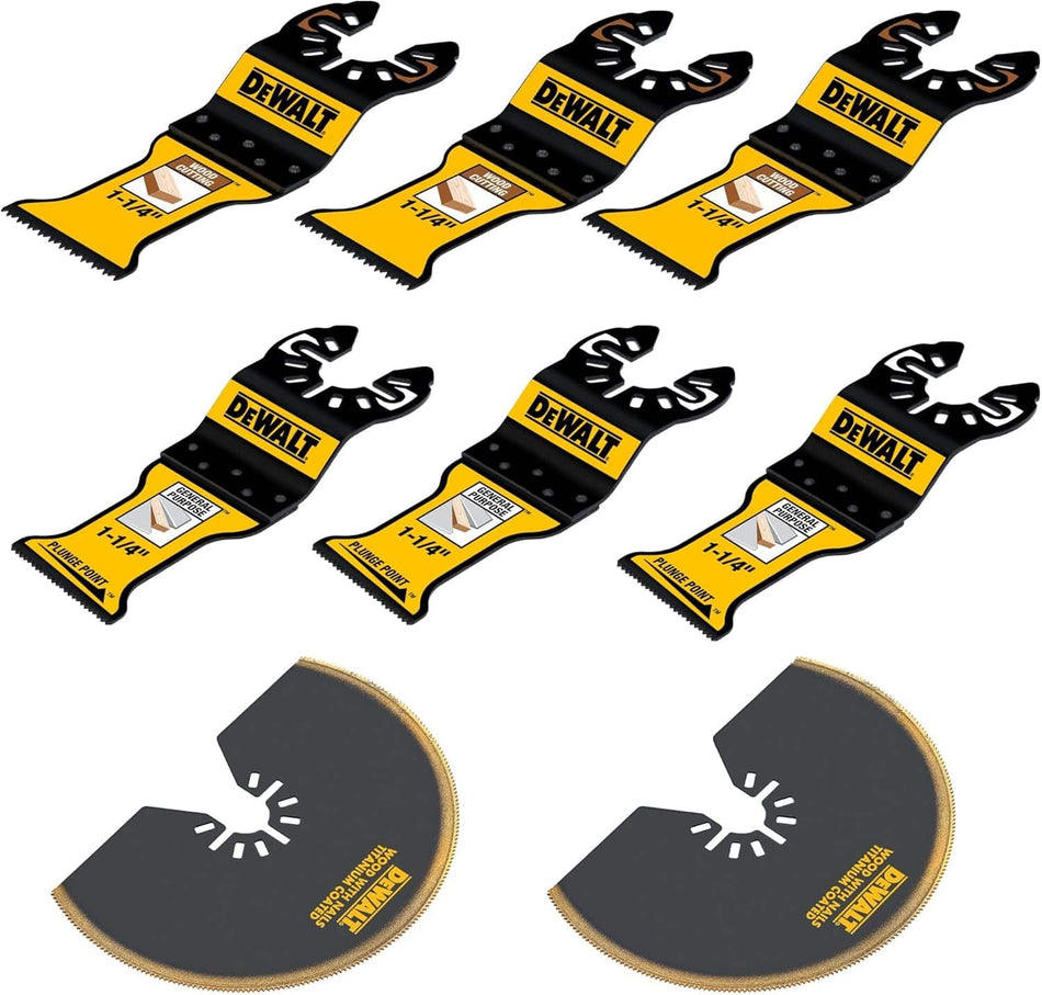 Overhead view of the DEWALT DWA428SET 8-piece oscillating blade assortment including six 1-1/4 inch plunge-cut blades and two titanium coated bi-metal wood and metal blades.
