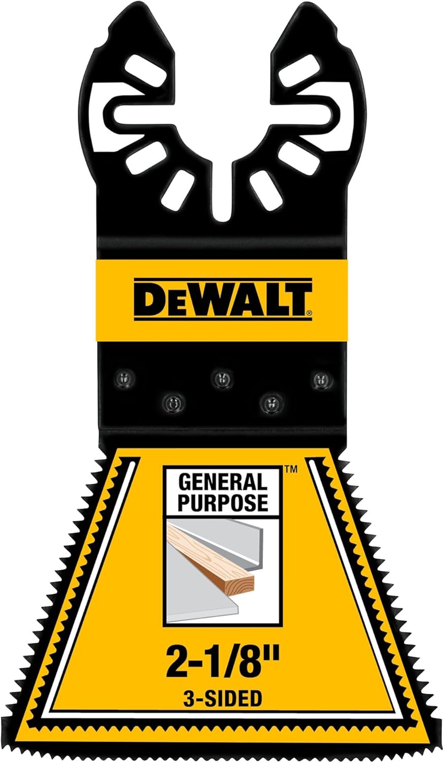 Front view of a DEWALT 2-1/8 inch 3-sided general purpose oscillating blade showcasing the universal fitment design and high-speed steel cutting edges.