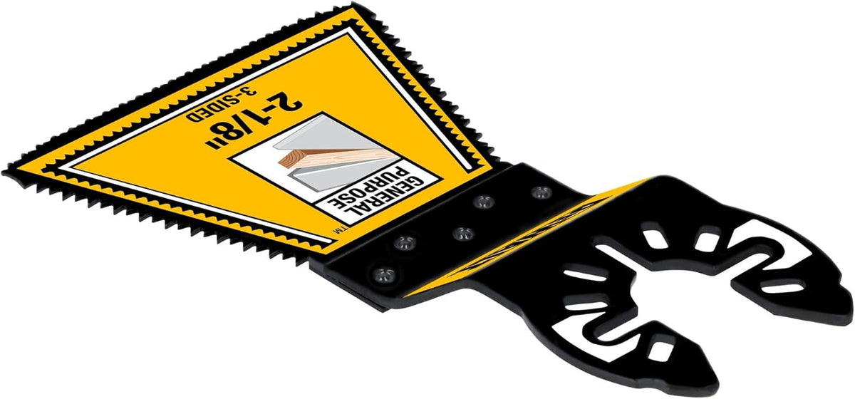 Bottom view of the DEWALT general purpose oscillating blade highlighting the universal attachment interface compatible with most major tool brands without an adapter.