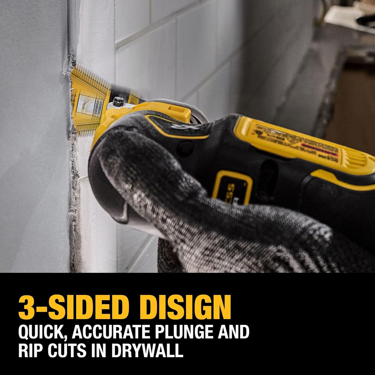 A contractor using the DEWALT 3-sided oscillating blade to perform a quick and accurate rip cut in drywall, illustrating the precision of the PlungePoint tip.