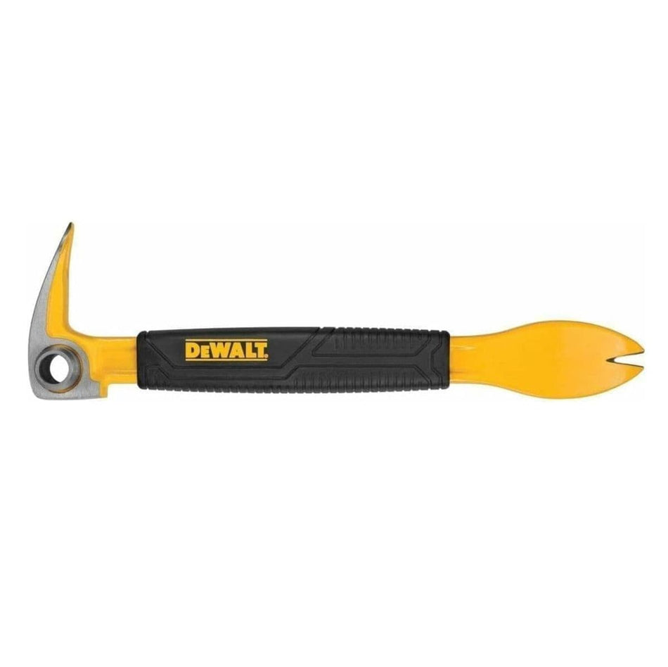 Full, horizontal view of the DEWALT 9-inch Precision Claw Bar, showing the yellow I-beam body, black DEWALT grip, striking hammer head, and wide, beveled nail-digging end.