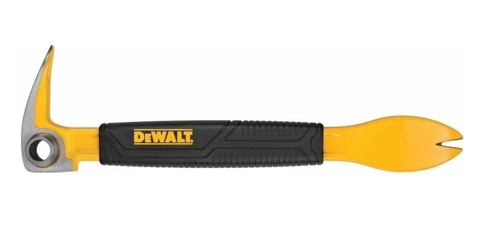 Full, horizontal view of the DEWALT 9-inch Precision Claw Bar, showing the yellow I-beam body, black DEWALT grip, striking hammer head, and wide, beveled nail-digging end.