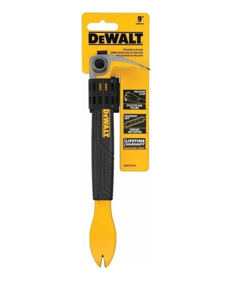 Retail packaging display of the DEWALT 9-inch Precision Claw Bar, showing its features like the ergonomic grip and effective nail pulling capability.