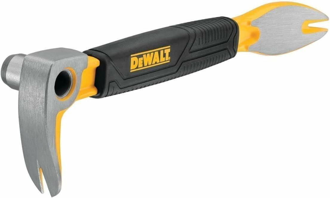 Angled view of the entire 9-inch DEWALT claw bar, highlighting the black ergonomic grip, the striking hammer head, and the thin, beveled prying end.