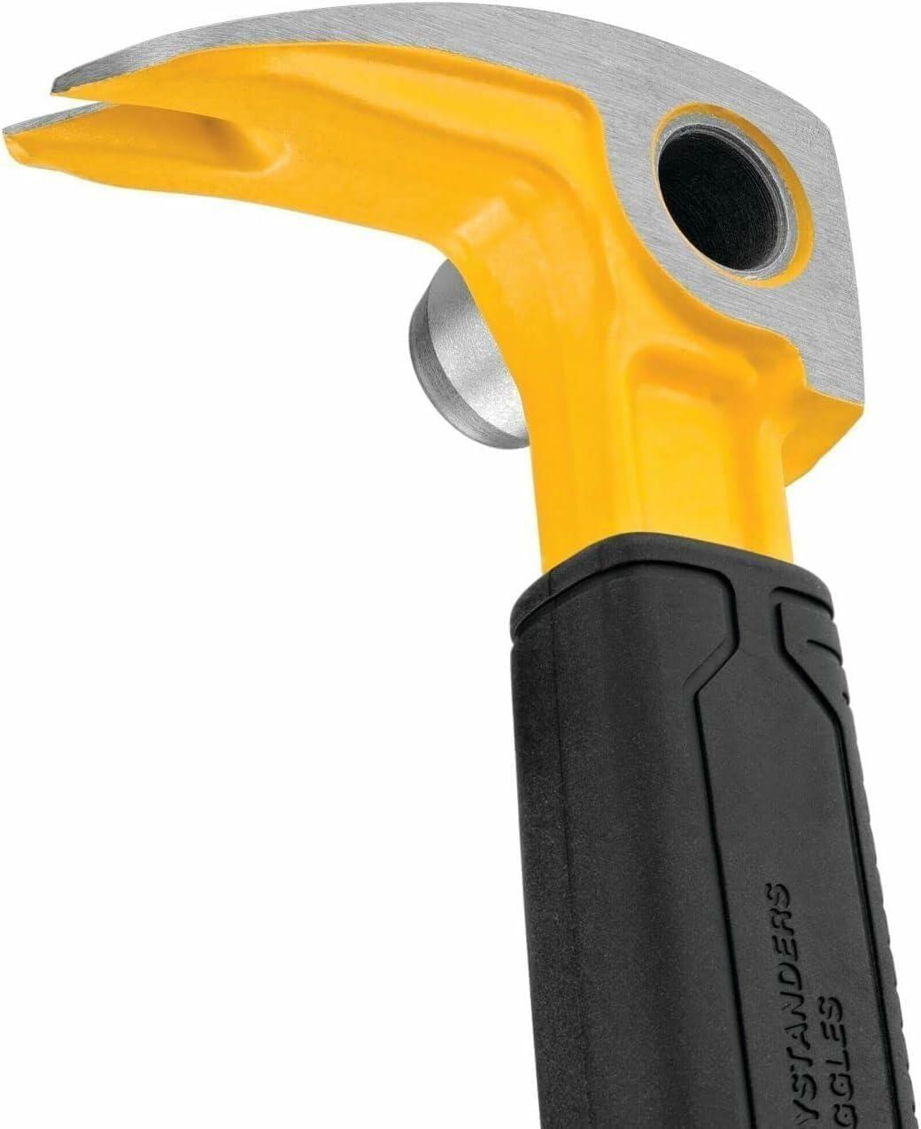 Close-up of the striking head and claw end of the yellow and black DEWALT pry bar, showing the striking surface and the two-pronged precision nail claw.