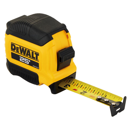 Angled view of the DEWALT ATOMIC Compact Series 25 foot tape measure featuring a yellow and black rugged housing and a steel blade with a multi-rivet hook.