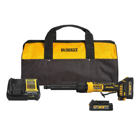 Full kit layout of the DEWALT ATOMIC DCG420XGE2 20V MAX Extended Die Grinder Kit featuring the cordless metalworking tool, two 1.7 Amp Hour batteries, battery charger, and yellow contractor bag for mobile jobsite transport.