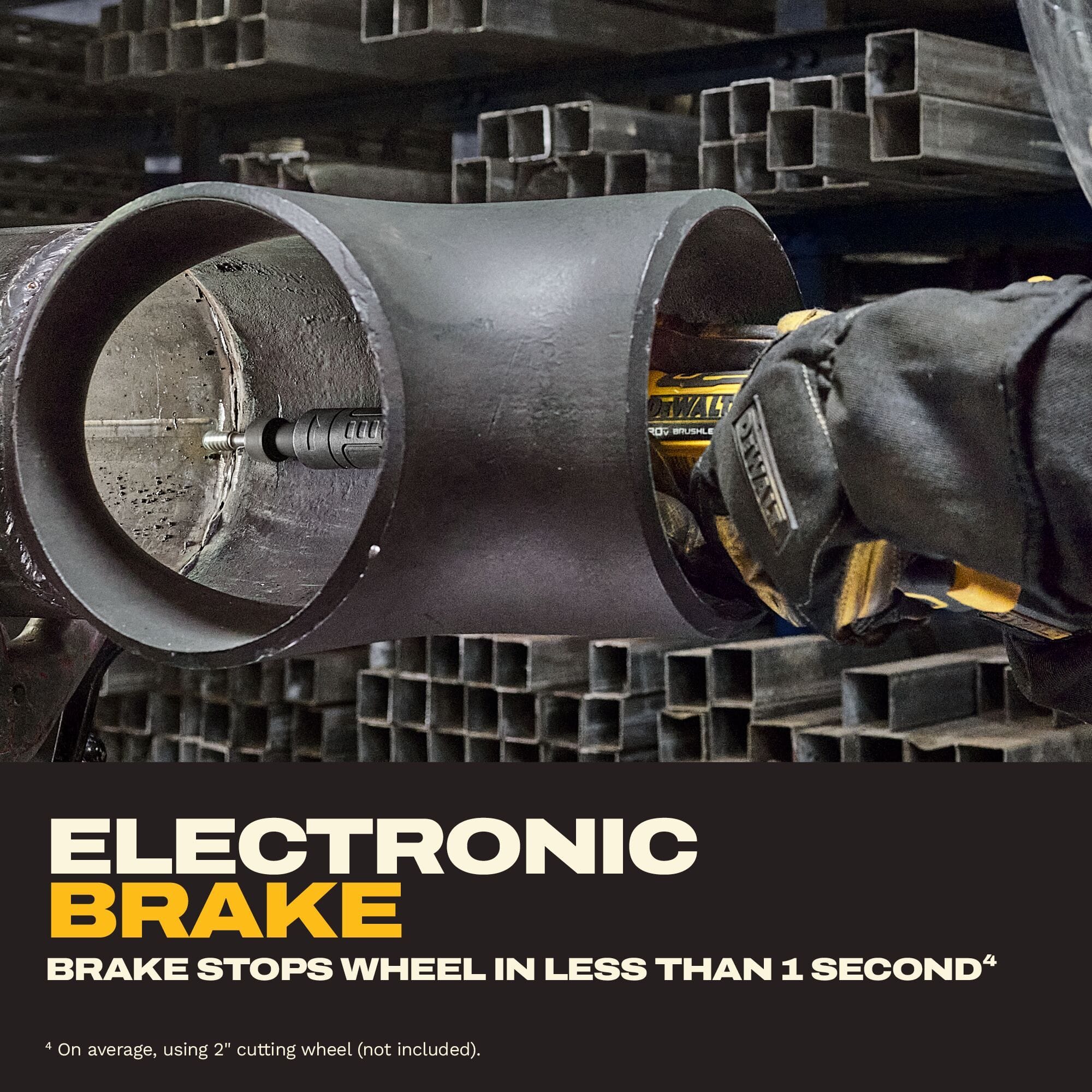Close-up of the DEWALT ATOMIC 20V MAX extended die grinder operating inside a metal pipe with overlay text highlighting the electronic brake that stops the wheel in less than one second.