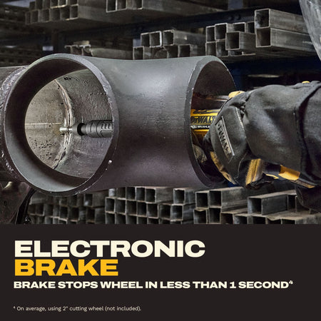 Close-up of the DEWALT ATOMIC 20V MAX extended die grinder operating inside a metal pipe with overlay text highlighting the electronic brake that stops the wheel in less than one second.