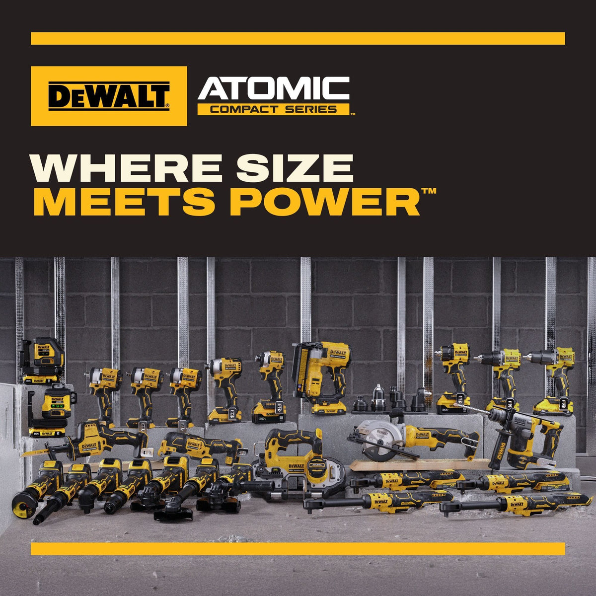 Display of the DEWALT ATOMIC Compact Series power tool family including the 20V MAX extended die grinder with text reading where size meets power.