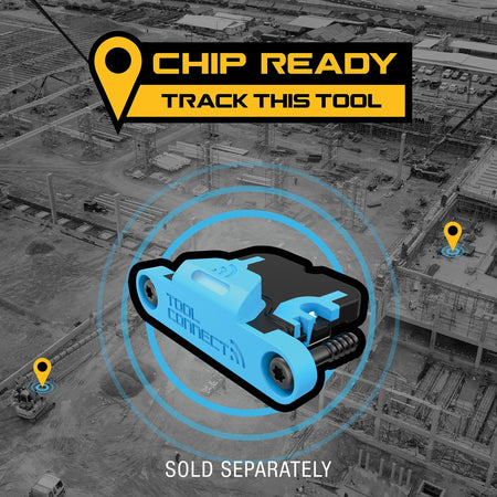 Graphic showing a blue DEWALT Tool Connect chip over a construction site background indicating the ATOMIC 20V MAX extended die grinder is chip ready for asset tracking.