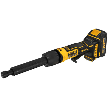 Angled side profile of the DEWALT 20V MAX Extended Die Grinder DCG420X equipped with a 1.7 Amp Hour XR battery highlighting the slim neck design and paddle switch for narrow space access in metal fabrication.