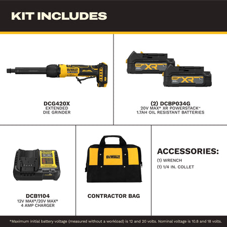 Visual inventory breakdown of the DEWALT DCG420XGE2 kit inclusions displaying the extended die grinder, two 20V MAX XR 1.7AH oil-resistant batteries, 4 Amp charger, contractor bag, wrench, and quarter inch collet.