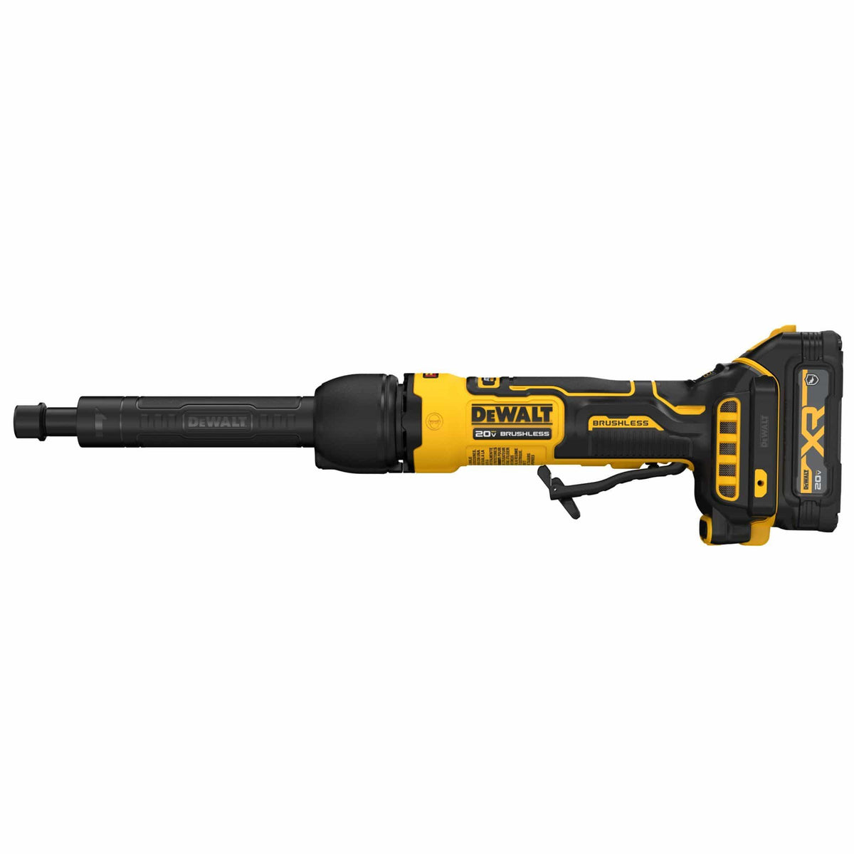 Straight side view of the DEWALT brushless extended die grinder cordless metalworking tool with battery attached emphasizing the elongated spindle neck engineered for deep recess grinding and deburring.