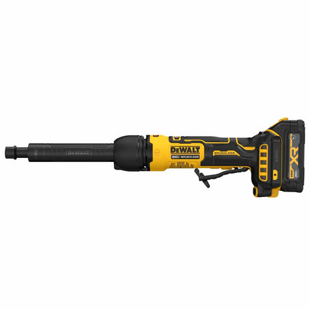 Straight side view of the DEWALT brushless extended die grinder cordless metalworking tool with battery attached emphasizing the elongated spindle neck engineered for deep recess grinding and deburring.