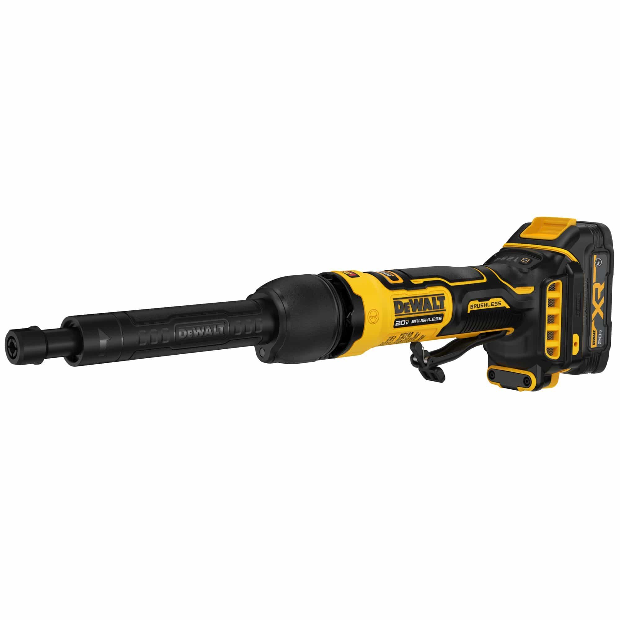 Left side angled perspective of the DEWALT 20V MAX Extended Die Grinder DCG420X showing the ergonomic grip, lock-off paddle switch, and quarter inch collet ready for industrial metalworking accessories.