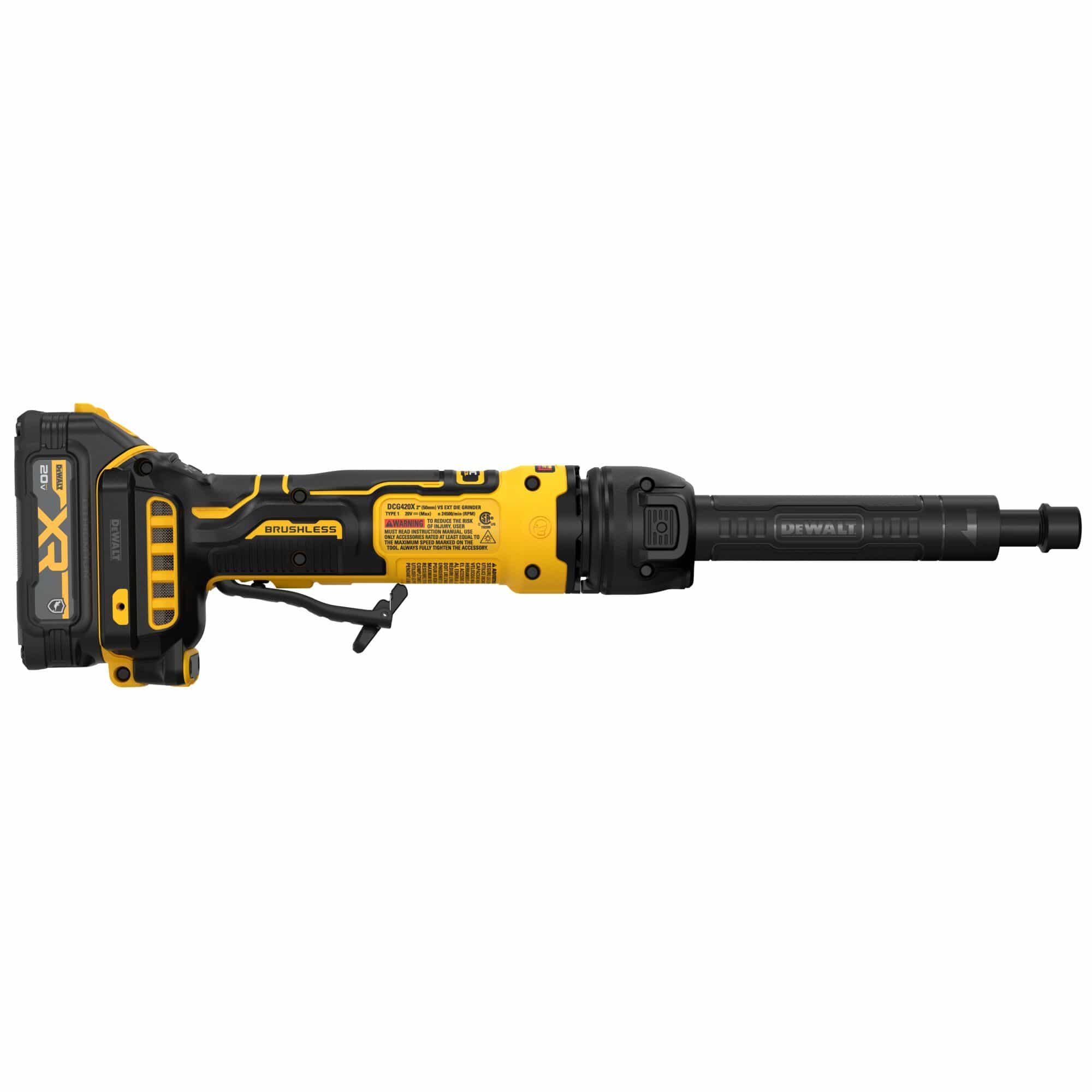 Top down profile of the DEWALT ATOMIC 20V MAX Extended Die Grinder highlighting the slim brushless motor housing and attached XR lithium-ion battery pack for balanced operation in tight spaces.