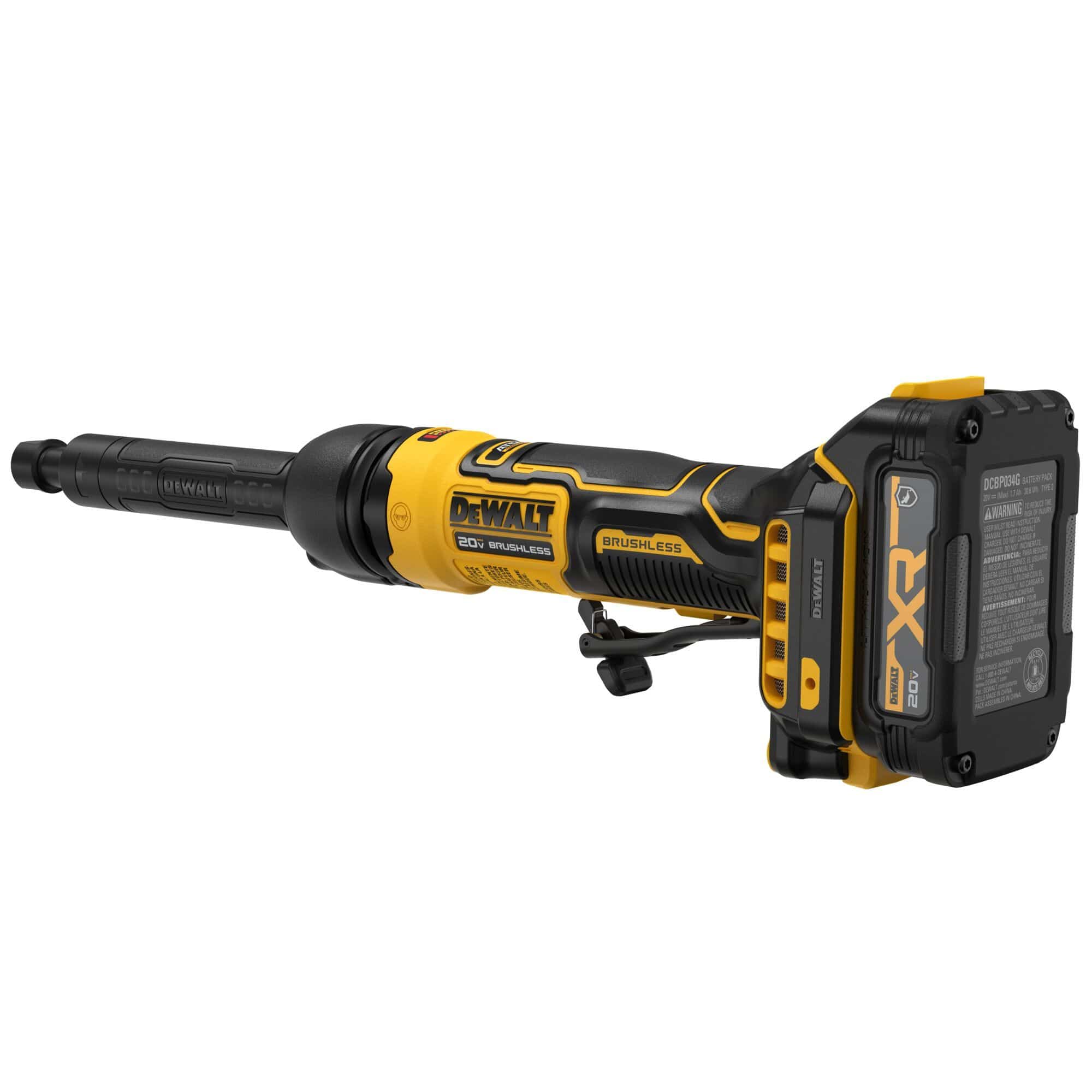 Close up rear angle of the DEWALT DCG420XGE2 die grinder focusing on the 20V MAX XR 1.7 Amp Hour oil-resistant battery pack and the protective rear exhaust vents designed to help direct air away from the user.