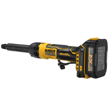 Close up rear angle of the DEWALT DCG420XGE2 die grinder focusing on the 20V MAX XR 1.7 Amp Hour oil-resistant battery pack and the protective rear exhaust vents designed to help direct air away from the user.
