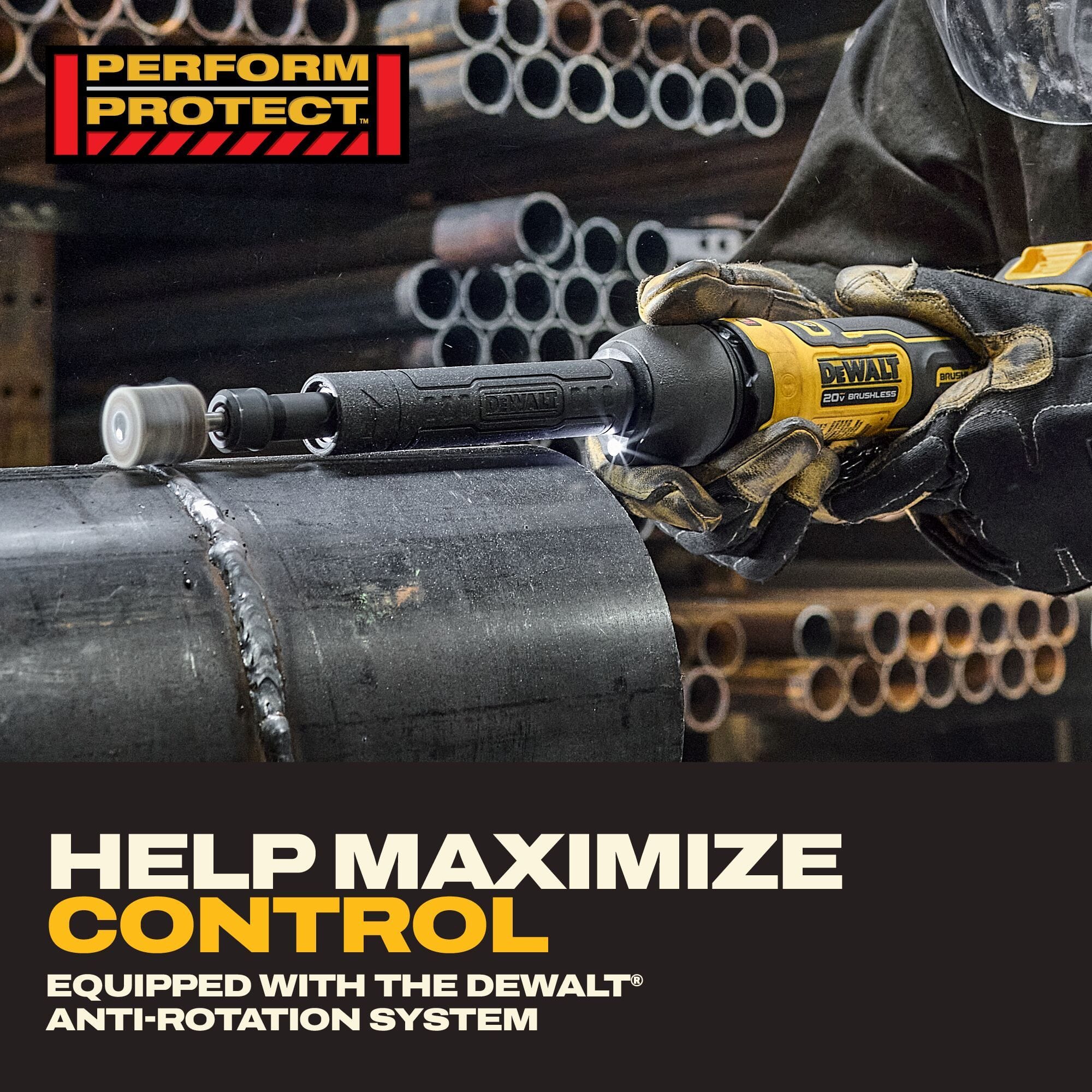 Professional contractor operating the DEWALT extended die grinder on a steel pipe weld demonstrating the integrated anti-rotation system safety feature during high torque metalworking applications.