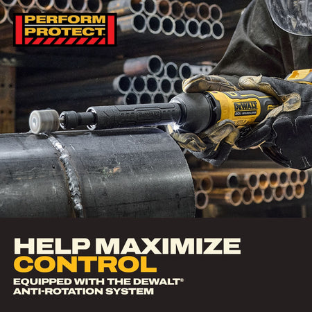 Professional contractor operating the DEWALT extended die grinder on a steel pipe weld demonstrating the integrated anti-rotation system safety feature during high torque metalworking applications.
