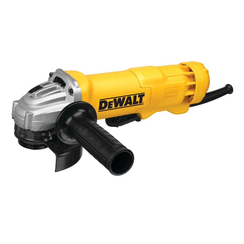 DEWALT DWE402N 4.5 inch small angle grinder with an ergonomic yellow body silver metal gear housing black adjustable side handle and a black wheel guard on a clean white background