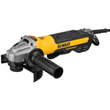 Three quarter perspective studio product shot of a DEWALT 5 to 6 inch corded electric angle grinder displaying the yellow and black composite motor body, textured side handle, silver aluminum gear housing, and black wheel guard.
