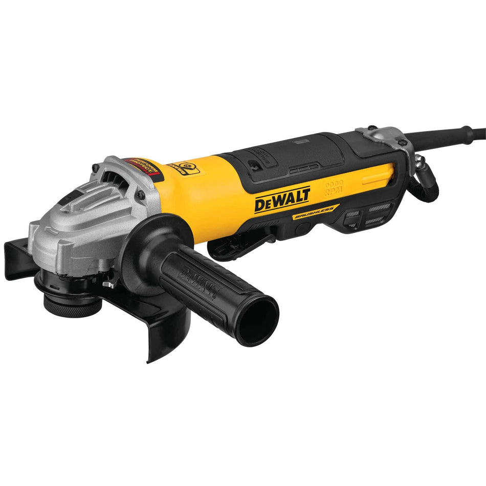Three quarter perspective studio product shot of a DEWALT 5 to 6 inch corded electric angle grinder displaying the yellow and black composite motor body, textured side handle, silver aluminum gear housing, and black wheel guard.