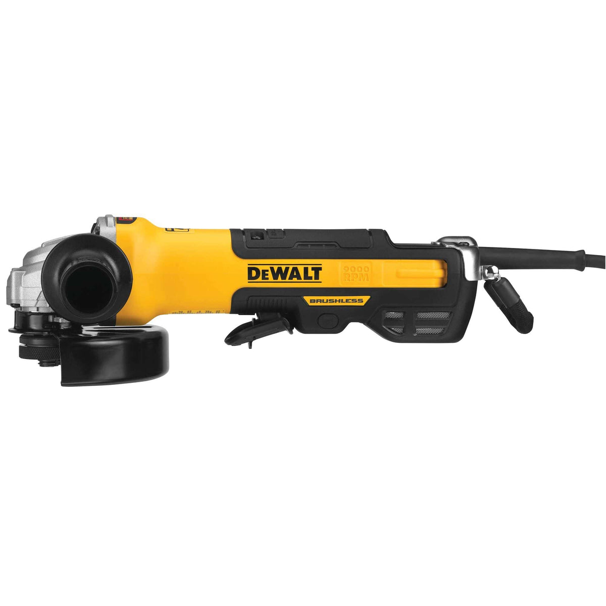 Left side flat profile view of a yellow and black DEWALT small angle grinder illustrating the paddle switch layout, brushless motor badging, 9000 RPM text indicator, and the electric power cord base connection.