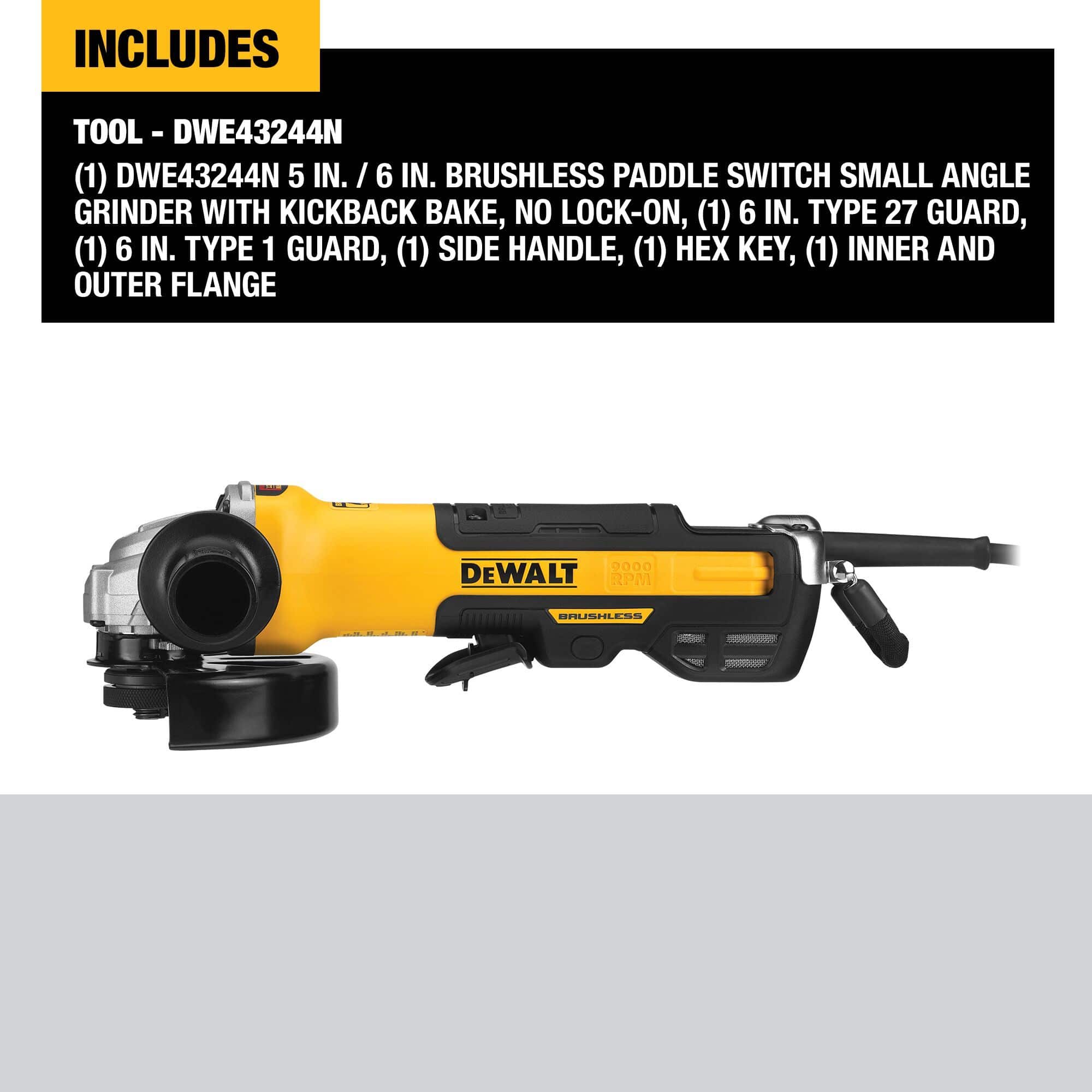 Flat side view profile of a yellow and black DEWALT corded angle grinder positioned under a black retail banner cataloging included items such as type 1 and type 27 wheel guards, a side handle, flanges, and a hex key.