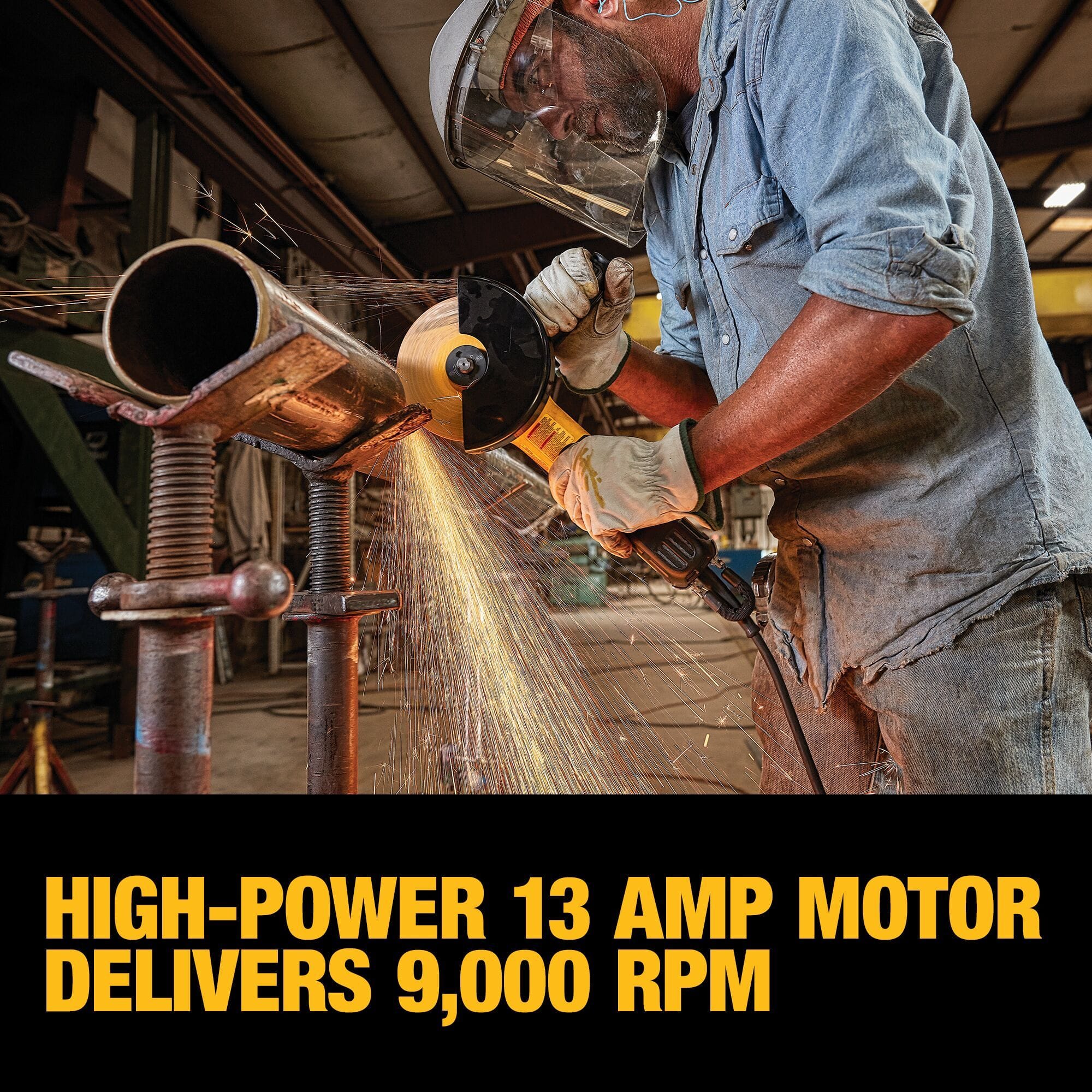 A close up action shot of a tradesperson wearing a face shield and leather work gloves using a DEWALT angle grinder to cut through a metal pipe over a black banner stating high-power 13 amp motor delivers 9000 RPM.