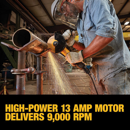 A close up action shot of a tradesperson wearing a face shield and leather work gloves using a DEWALT angle grinder to cut through a metal pipe over a black banner stating high-power 13 amp motor delivers 9000 RPM.