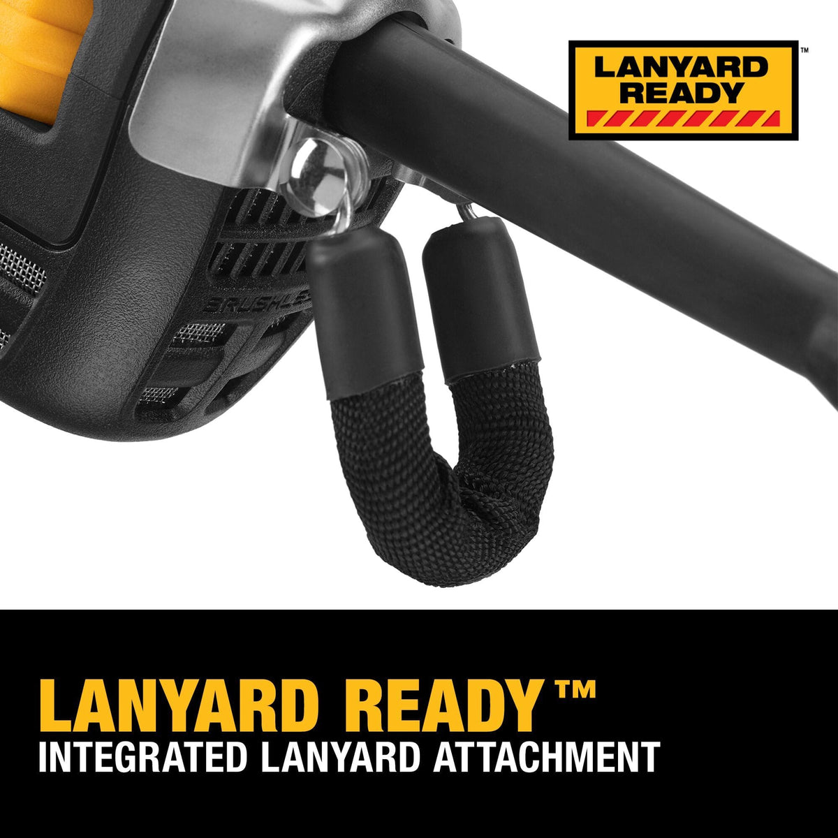 Macro close up shot focusing on the rear steel strain relief loop containing an integrated lanyard ready woven fabric cord anchorage strap on a DEWALT industrial electric tool.