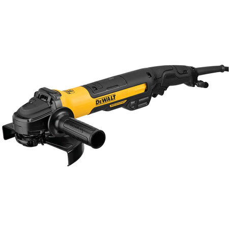 Three quarter perspective studio product shot of a DEWALT 7 inch corded electric angle grinder displaying the yellow and black composite motor body, textured side handle, silver aluminum gear housing, and black wheel guard.