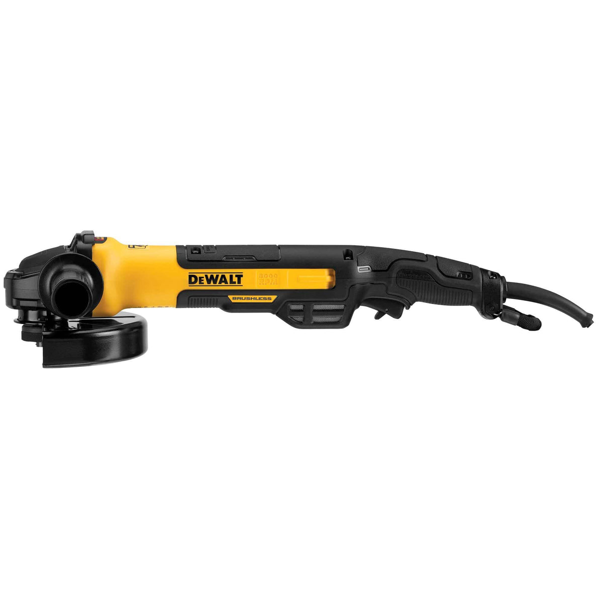 Left side flat profile view of a yellow and black DEWALT small angle grinder illustrating the paddle switch layout, brushless motor badging, 8000 RPM text indicator, and the electric power cord base connection.