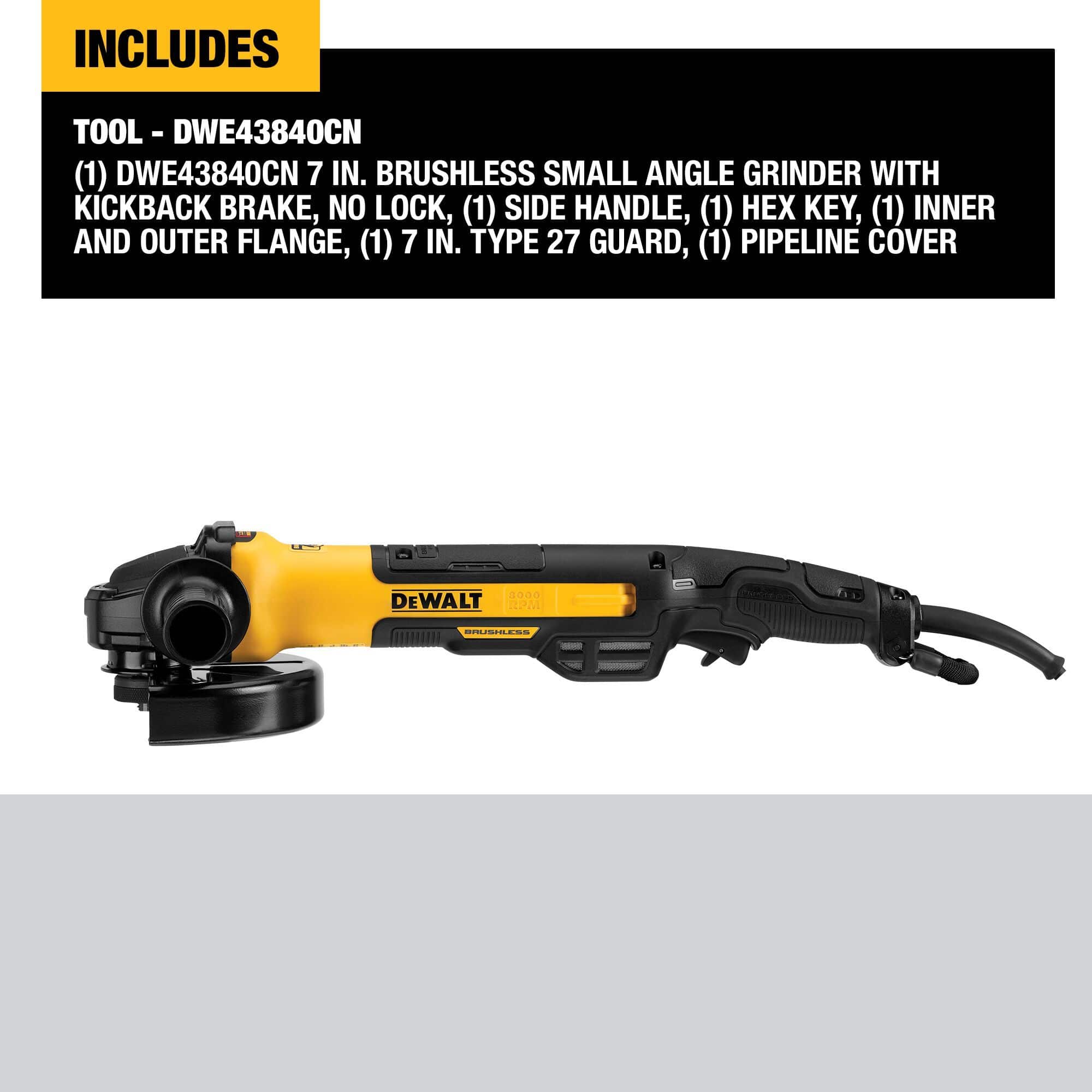Flat side view profile of a yellow and black DEWALT corded angle grinder positioned under a black retail banner cataloging included items such as type 27 protective wheel guards, a side handle, flanges, a hex key, and a pipeline cover.