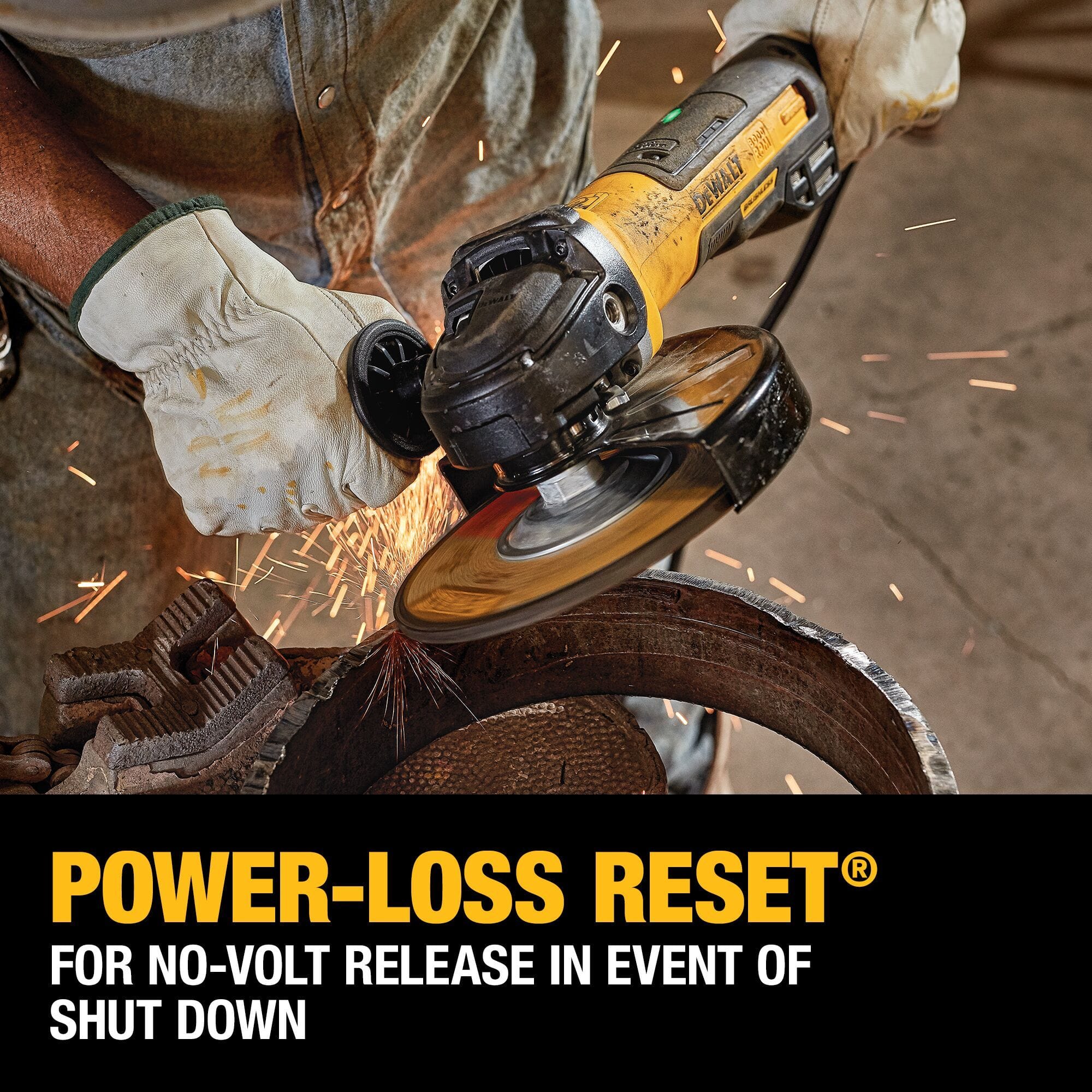 A close up action shot of a tradesperson wearing a face shield and leather work gloves using a DEWALT angle grinder to cut through a metal pipe over a black banner stating power-loss reset for no-volt release in event of shutdown.