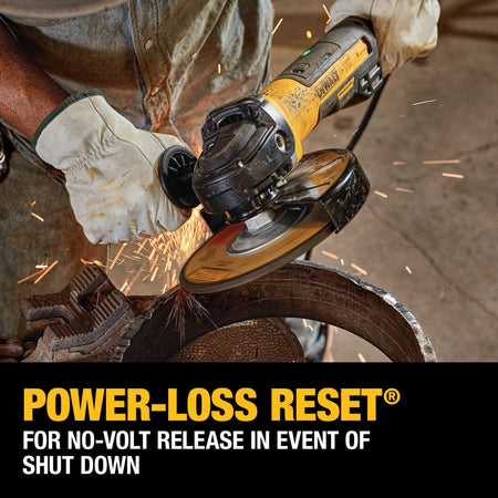 A close up action shot of a tradesperson wearing a face shield and leather work gloves using a DEWALT angle grinder to cut through a metal pipe over a black banner stating power-loss reset for no-volt release in event of shutdown.
