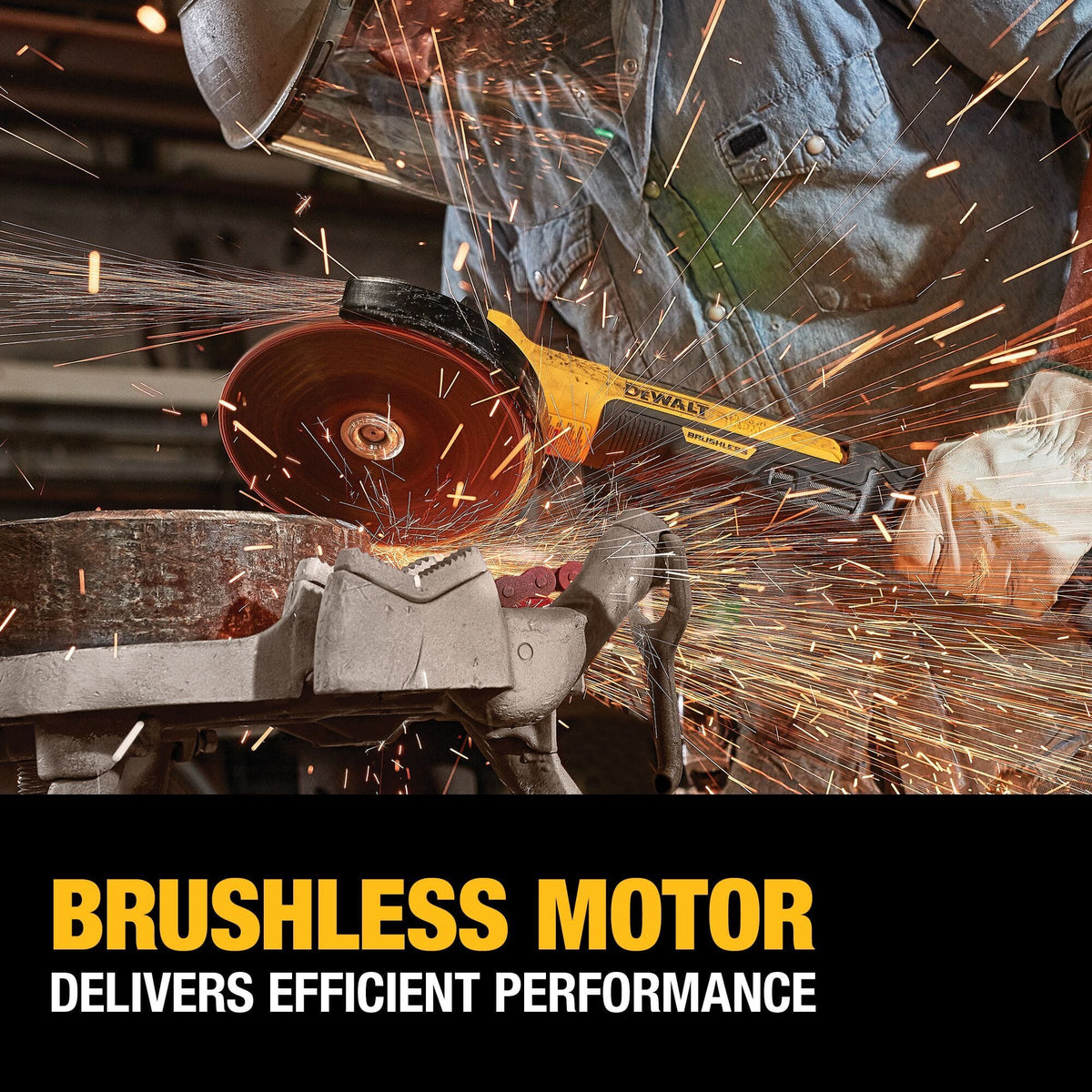 Action photograph of a metal fabrication worker applying an electric angle grinder to a thick structural metal pipe substrate beneath a graphic panel reading brushless motor delivers efficient performance.