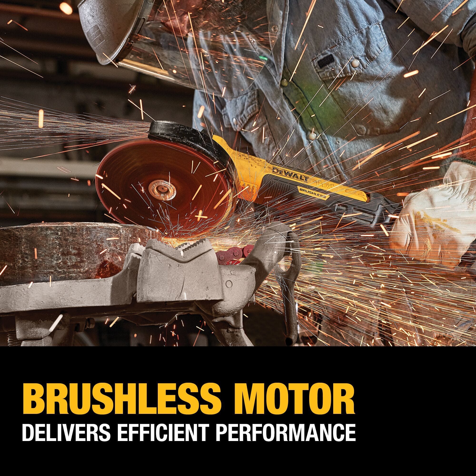 Action photograph of a metal fabrication worker applying an electric angle grinder to a thick structural metal pipe substrate beneath a graphic panel reading brushless motor delivers efficient performance.