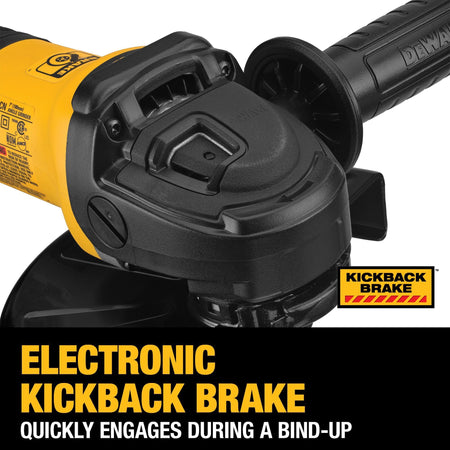 Close up shot focusing on the forward gear casing of a yellow DEWALT hand tool highlighting the hard stamped spindle housing markings beneath a graphic title reading electronic kickback brake quickly engages during a bind-up.