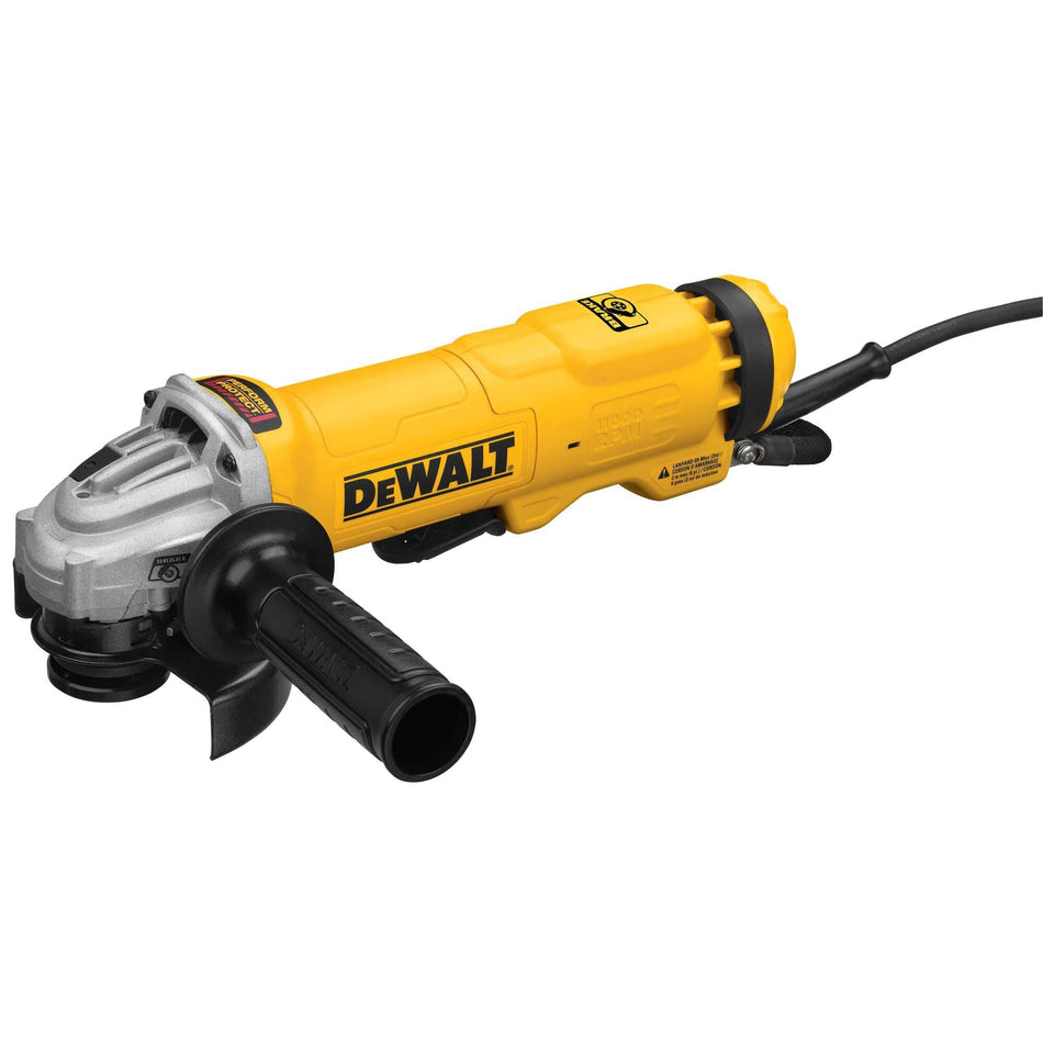 DEWALT DWE4222N high performance corded angle grinder shown from a front three quarter perspective view displaying the auxiliary side handle safety wheel guard and yellow and black motor housing with no lock on paddle switch