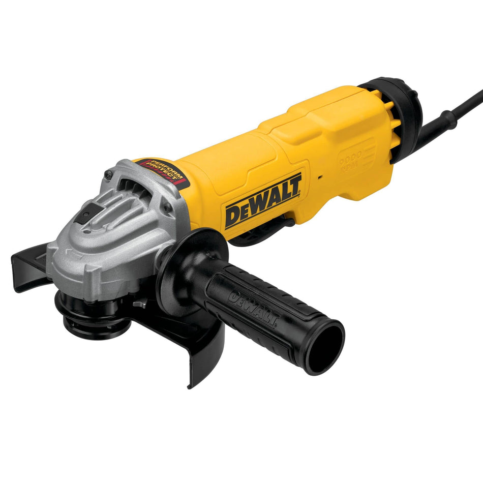 DEWALT DWE43144N 6 inch high performance small angle grinder with an ergonomic yellow motor body silver metal gear case black adjustable side handle and black type 27 wheel guard on a clean white background