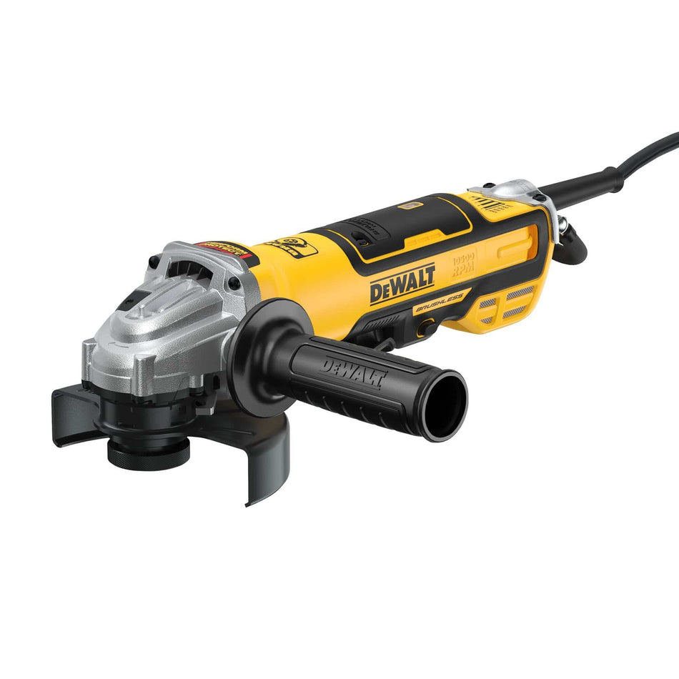 Three quarter perspective of a DEWALT DWE43214N corded electric angle grinder displaying the yellow and black composite housing, silver aluminum gear case, attached side handle, and protective wheel guard.