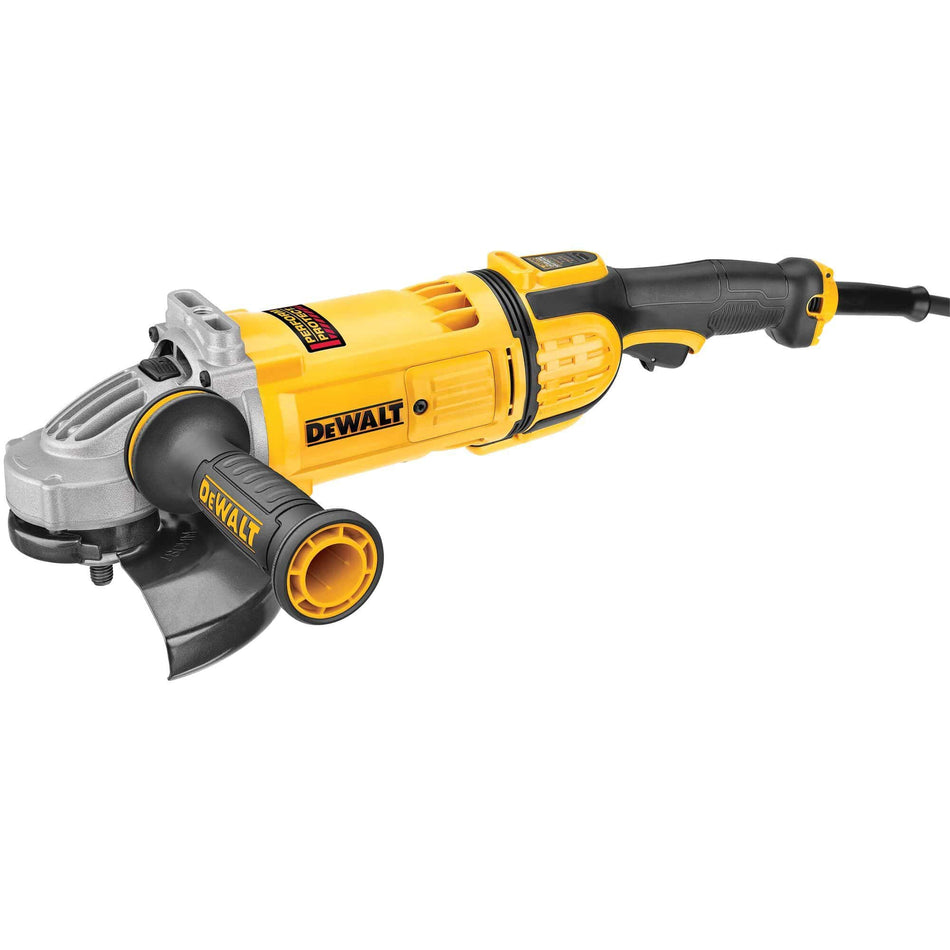 DEWALT DWE4597N high performance corded angle grinder shown from a three-quarter studio perspective view displaying the anti-vibration side handle, metal wheel guard, yellow housing, and non-locking trigger switch handle layout