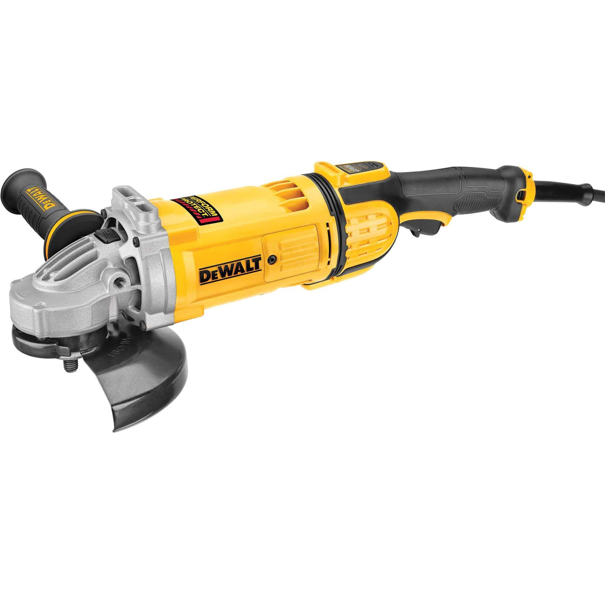 Full horizontal side profile view of the DEWALT DWE4597N corded angle grinder illustrating the slender yellow motor chassis casing, rear loop trigger grip, and auxiliary top handle attachment point configuration on a white backdrop