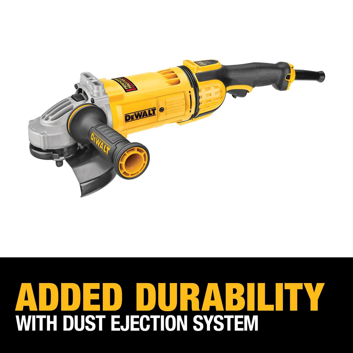Product information view of the DEWALT DWE4597N electric handheld grinder with a bold lower yellow text banner stating added durability with dust ejection system