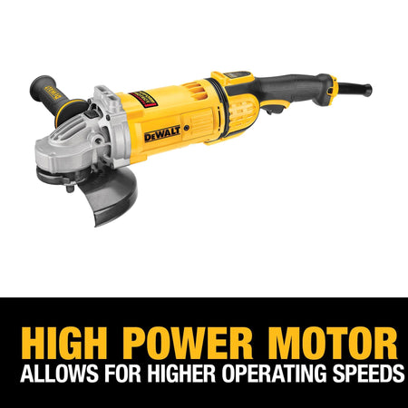 Detailed dynamic studio view of the DEWALT DWE4597N 7-inch corded grinder with a prominent marketing graphic banner stating high power motor allows for higher operating speeds
