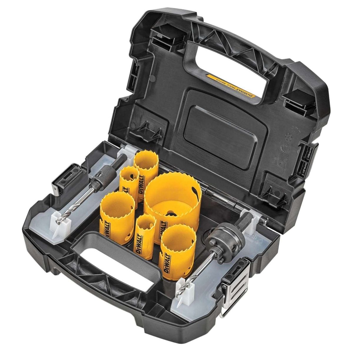 DEWALT hole saw kit in molded black case with yellow saws and two arbors, designed for cutting large holes in wood or metal with secure storage layout.