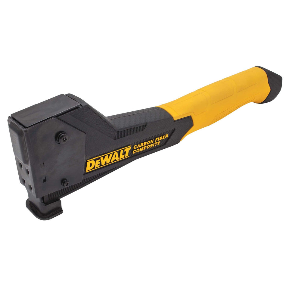 Perspective view of the DEWALT DWHT75900 carbon fiber composite hammer tacker highlighting the lightweight black composite body and ergonomic yellow vibration-absorbing grip.
